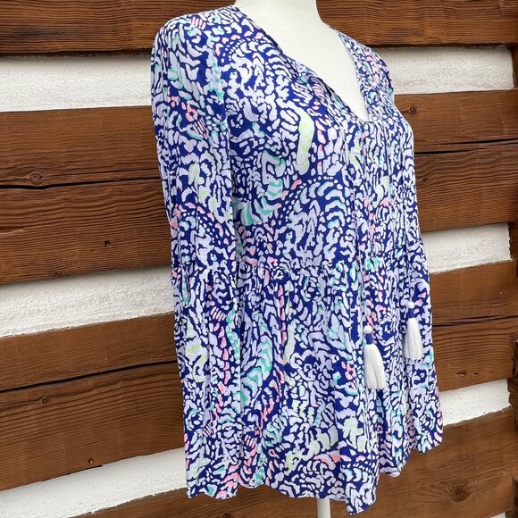 Lilly Pulitzer Tops - LILY PULITZER Kahli Top, Shirt. Blue Coral Grotto Move It or Lose it. Tassels XS